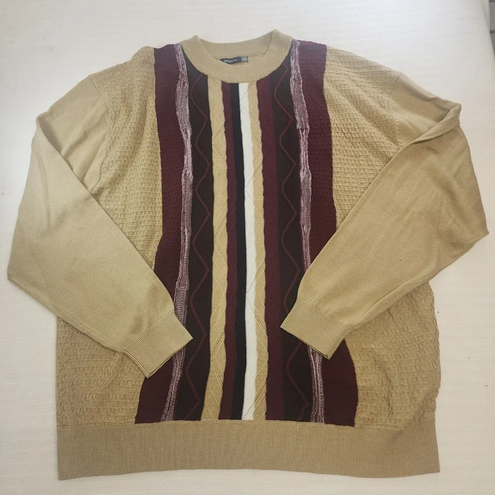 Bagazio Mens 5XL Sweater Tan Burgundy‎ Vertical Stripe Textured Knit Crewneck